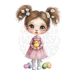 Könnte beinhalten: Illustration eines Mädchens mit braunen Zöpfen, verziert mit weißen Gänseblümchen. Sie trägt ein rosa Kleid und weiße Stiefel und hält ein gelbes Küken. Ostereier in Pastellfarben liegen zu ihren Füßen. Der Stil ist cartoonartig.