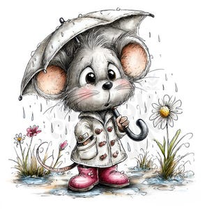 Puede incluir: Ilustración de dibujos animados de un ratón gris con un abrigo blanco y botas rosas, sosteniendo un paraguas gris bajo la lluvia. El ratón está de pie en un charco cerca de flores y hierba. El ratón tiene ojos grandes y mejillas rosadas.