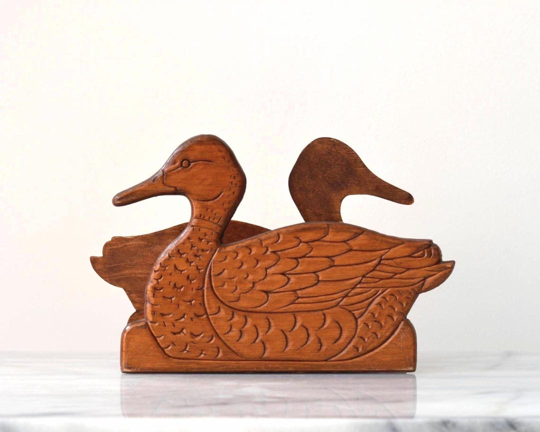 Vintage Wooden Duck Napkin Holder | Carved Mallard Farmhouse Cottage Decor Letter Holder