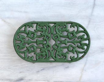 Vintage Cast Iron Trivet | Ornate Green floral Design | Rustic Kitchen Decor | Farmhouse Hot Plate