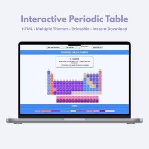 Puede incluir: Una computadora portátil muestra una tabla periódica interactiva con el texto "Interactive Periodic Table". La pantalla muestra una colorida tabla de elementos, con el carbono resaltado. El texto adicional incluye "HTML, Multiple Themes, Printable, Instant Download."