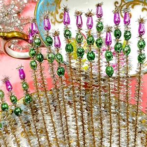 VINTAGE: 10pc - Mercury Bead Chenille Stems - Picks - Corsage, Flower Picks, Millinery, Crafts, Wrapping, Holiday Decor