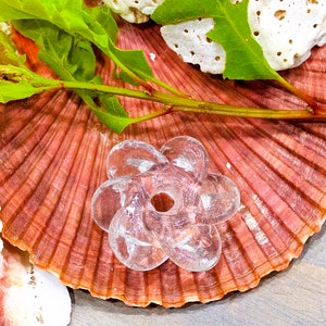 Peut inclure: Une perle en verre transparent en forme de fleur &agrave; six p&eacute;tales avec un trou central. La perle pr&eacute;sente des bords lisses et arrondis ainsi qu'une finition polie, reposant sur un grand coquillage nervur&eacute; en forme d'&eacute;ventail aux tons brun-rouge.