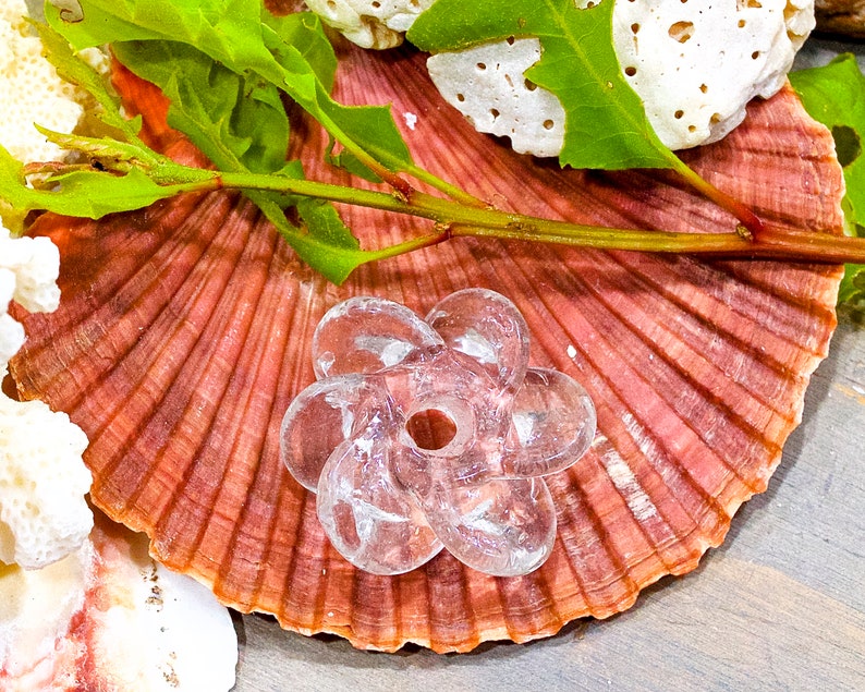 Peut inclure: Une perle en verre transparent en forme de fleur &agrave; six p&eacute;tales avec un trou central. La perle pr&eacute;sente des bords lisses et arrondis ainsi qu'une finition polie, reposant sur un grand coquillage nervur&eacute; en forme d'&eacute;ventail aux tons brun-rouge.
