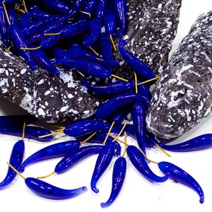 SUPPLY: 20pcs - Blue Glass Drop Charms with Brass Wire - Lamp Work - Glass Beads - Jewelry Making
