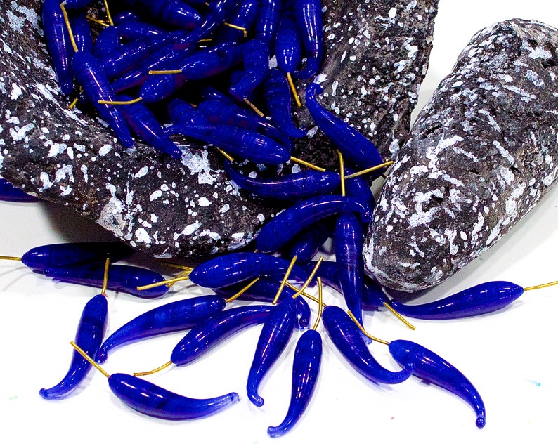 Lamp Work Glass Beads SUPPLY: 14 Blue Glass Drop Charms with Brass Wire Jewelry Making SKU 6-A4-00028915