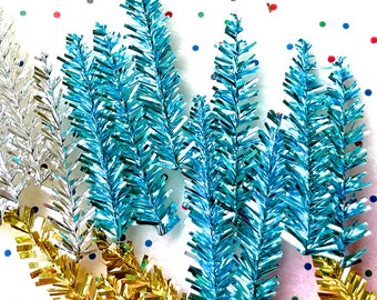 VINTAGE: 10 pezzi - Alberi di tinsel in ciniglia turchese metallizzata, teste di stelo per artigianato natalizio, fiori, corsage, cappelli, artigianato natalizio