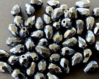 ANTIQUE: 20pcs - Rare Victorian Faceted Glass Beads - Black Iridescent Drop Beads - Back Mourning Beads