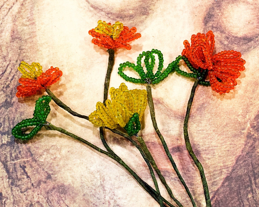 VINTAGE 6pcs French Beaded Flower Stems Orange Yellow Etsy