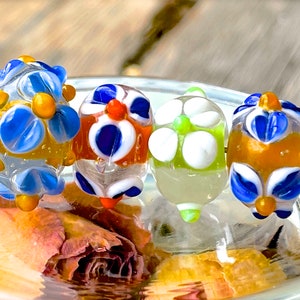SUPPLY: 4 Specialty Lamp-work Glass Beads - Black and White Stripe Beads - Centerpiece Beads - Colorful Beads