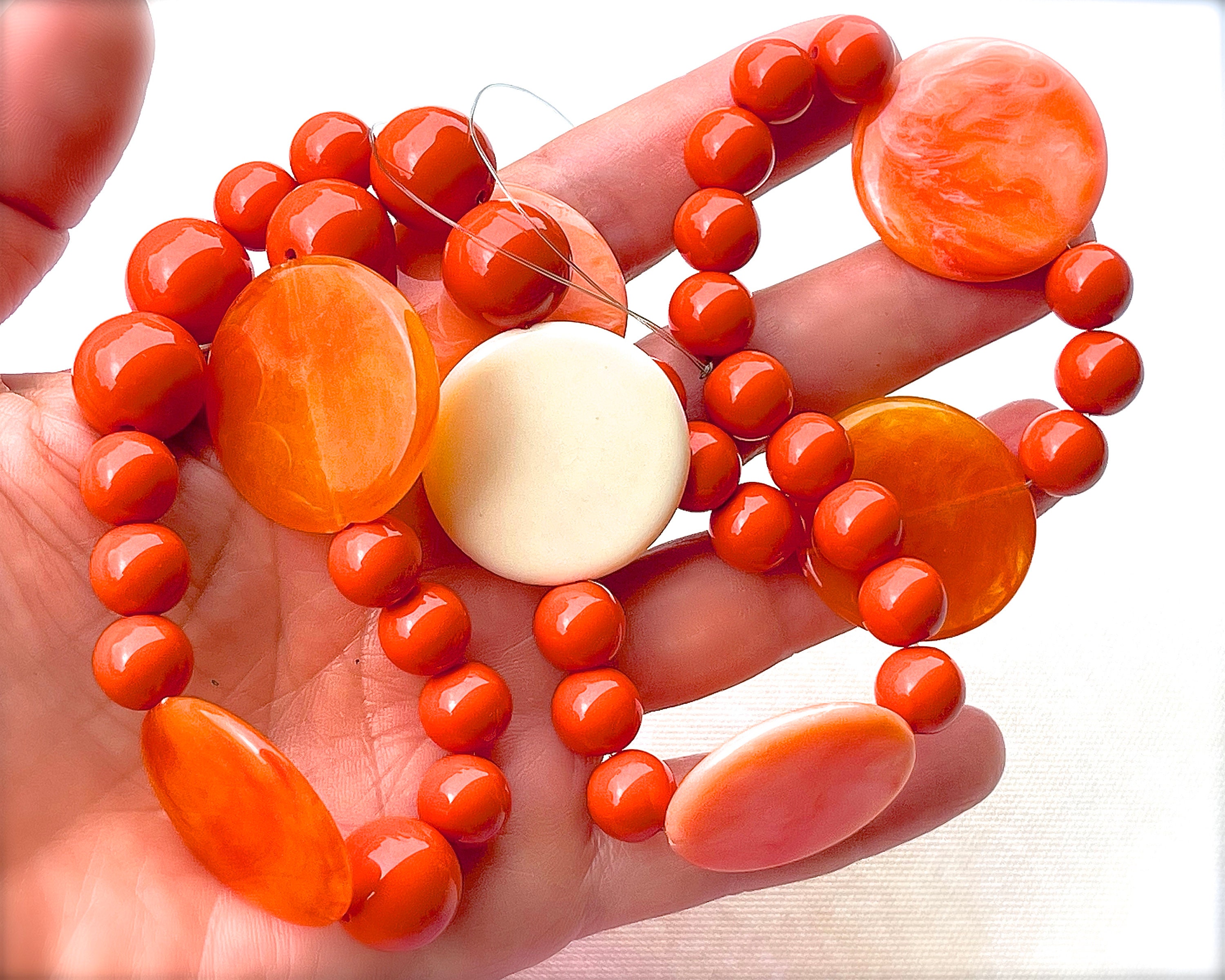 Lot De 60 Perles Tubes En Verre Vintage - Couleur Orange Vif - Occasion Pour Créations Bijoux Ou Décoration