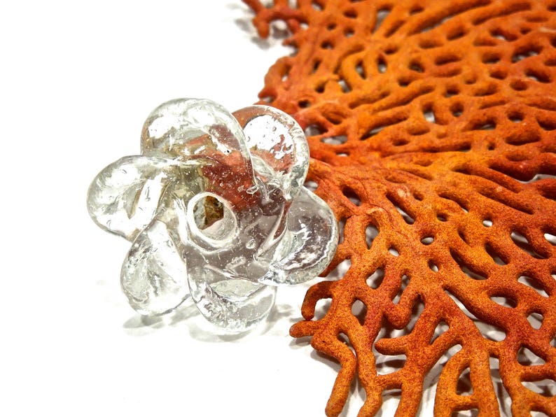 Peut inclure: Une perle en verre transparent et incolore en forme de fleur &agrave; six p&eacute;tales avec un trou central. Le verre pr&eacute;sente une surface textur&eacute;e avec des bulles et une finition brillante. La perle est plac&eacute;e &agrave; c&ocirc;t&eacute; d'un grand corail &eacute;ventail orange.