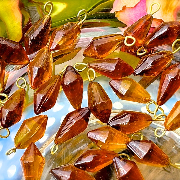 SUPPLY: 20pcs - Amber Glass Charms with Brass Wire Loops - Glass Drops