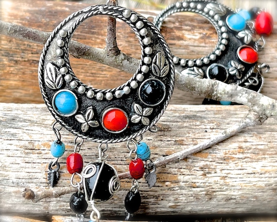 Boucles D'Oreilles Créoles Vintage Grand Modèle - Rouge, Blanc, Noir, Bleu - 1 Paire