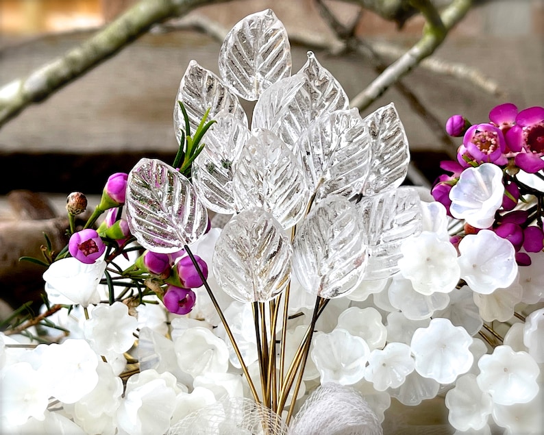Crafts SUPPLY: 12 Long Wire Clear Glass Leaf Headpins Jewelry Flower Charms SKU 8-B3-00007856-OS-135 Millinery Beads Weddings
