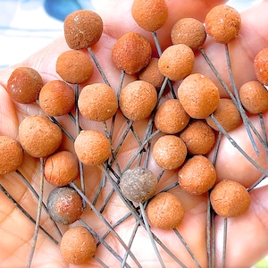May include: A close-up of a hand holding a collection of small, terracotta-colored spheres attached to thin metal wires. The spheres are arranged in a random pattern, creating a visually interesting display.