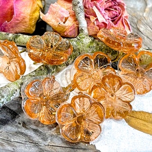 SUPPLY: 6pcs - LARGE Tea Rose Flower Charms - Glass Drops with Brass Wire - Flower Buttons - Un Looped Charms