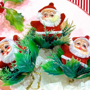 VINTAGE: 3pcs - Old Flocked Molded Plastic Santa - Holiday Greenery Ornament, Pick, Spray, Stem - Crafts Floral Arrangements Corsage