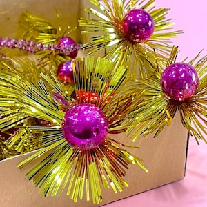VINTAGE: Pink Mercury Glass Flower Tinsel Holiday Pick, Spray, Stem - Christmas - Decorations