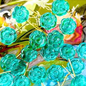 VINTAGE: 15pcs - Turquoise Flower Glass Charms with Brass Wire - Glass Charms