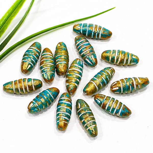 SUPPLY: 14 LARGE Terra Cotta Beads - Ceramic Beads - Blue Gold  Handcrafted Beads - 32mm x 12mm - SKU 9-B3-00003998