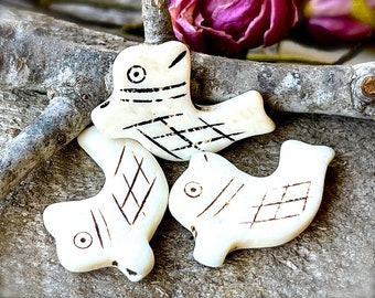 SUPPLY: 3pcs - Ethnic Tribal Rustic Carved Bone Fish Pendants - Dolphins - Natural Bone Pendants - Beads - Fish Pendants
