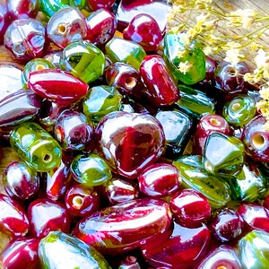 BEST SELLER: 50pcs - Siam and Green Carnival Luster Glass Mixed Beads - BULK Assorted Shapes Beads - Jewelry Supplies