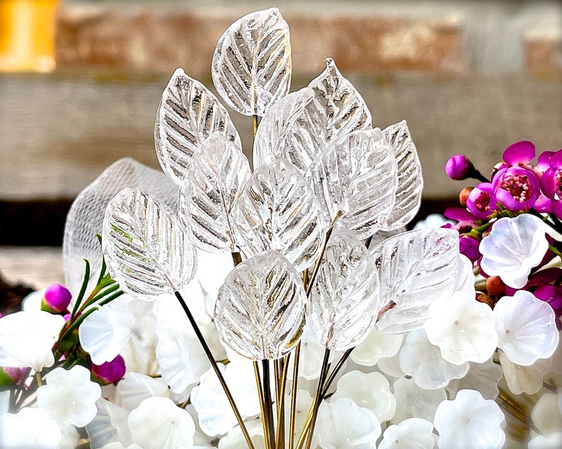 Crafts SUPPLY: 12 Long Wire Clear Glass Leaf Headpins Jewelry Flower Charms SKU 8-B3-00007856-OS-135 Millinery Beads Weddings