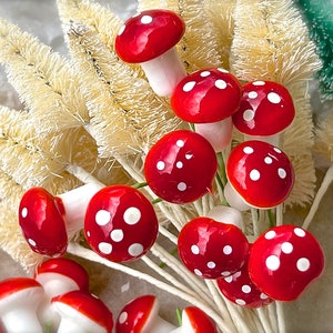 May include: A bunch of red and white mushroom-shaped ornaments with white stems. The ornaments are arranged in a cluster and are surrounded by white, fluffy brush-like material.