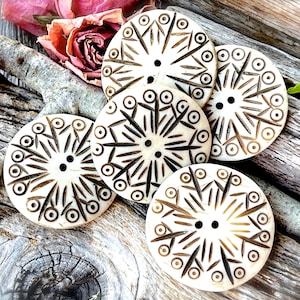 VINTAGE: 2pcs - HUGE Hand Carved Bone Buttons - Natural Buttons - Carved Bone Buttons - Sewing, Jewelry Making, Crafts