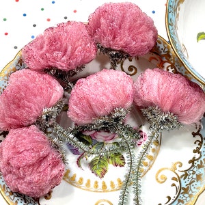 VINTAGE: 4pcs - Unique Chenille Puffy Flower Picks - Ornament Corsage Stems Flower Pick Corsage Millinery Crafts Gift Wrapping Holiday Decor