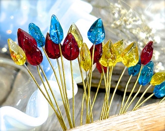 Glass Flower Headpins Jewelry Flower Brass Wire Beads DIY Crafts Charms Bouquet Wedding Stems Millinery Fairy Handmade Lamp-work Leaves