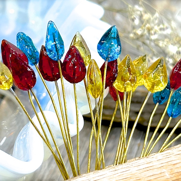 Glass Flower Headpins Jewelry Flower Brass Wire Beads DIY Crafts Charms Bouquet Wedding Stems Millinery Fairy Handmade Lamp-work Leaves