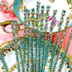 VINTAGE: 10pc - Mercury Bead Chenille Stems - Picks - Corsage, Flower Picks, Millinery, Crafts, Wrapping, Holiday Decor