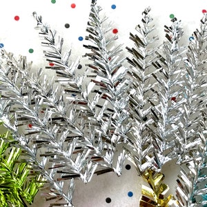 VINTAGE: 10pcs - Metallic Silver Chenille Tinsel Trees Stem Heads Christmas Crafts Flower Pick Corsage Millinery Crafts Christmas Holiday