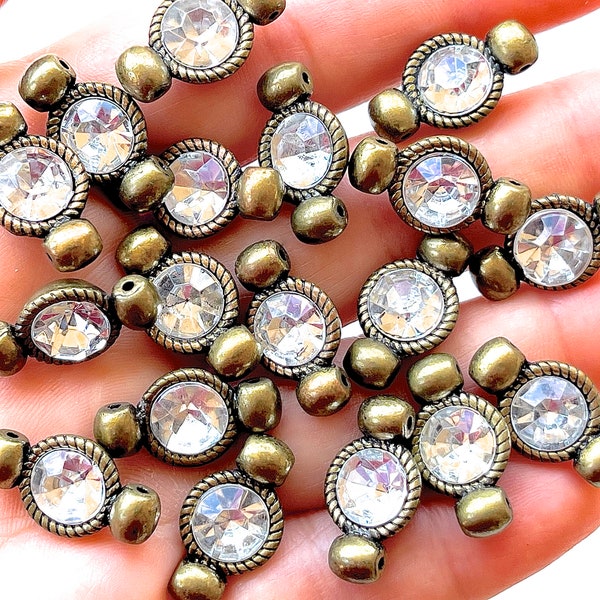 VINTAGE: 18pcs - Double Hole Metal Rhinestone Beads Connectors - Double Drilled - Jewelry Making - Unique Find