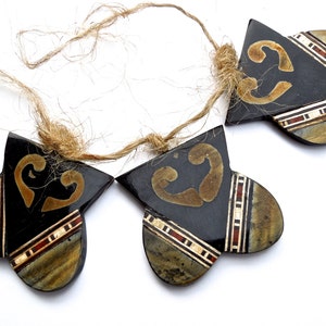 VINTAGE: Pair of LARGE Tribal Ethnic Carved Horn Pendant - Earring Charms - Inlayed Pendants - Natural Pendants