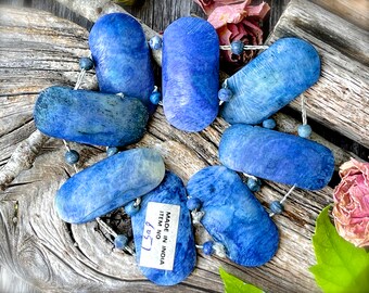 VINTAGE: 1970s - 8pcs - LARGE Blue Denim Natural Bone Beads and Spaces - Double Drilled - Bracelet - Jewelry