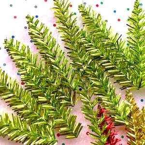 VINTAGE: 10pcs - Metallic Green Chenille Tinsel Trees Stem Heads Christmas Crafts Flower Pick Corsage Millinery Crafts Christmas Holiday