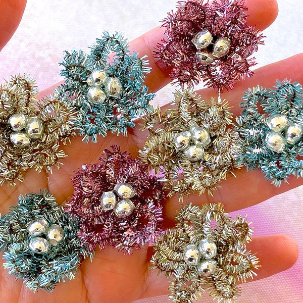 VINTAGE: 6pcs - Mixed Mercury Bead Chenille Flowers - Crafts, Millinery, Corsage, Holiday Decor, Christmas -