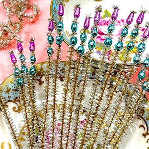 VINTAGE: 10pc - Mercury Bead Chenille Stems - Picks - Corsage, Flower Picks, Millinery, Crafts, Wrapping, Holiday Decor