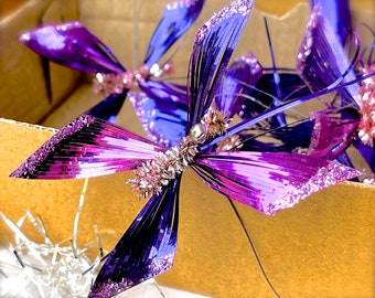 VINTAGE: Stelo a farfalla in lamina di ciniglia con perline effetto mercurio, decorazione per cappelli, artigianato, confezioni regalo, decorazioni natalizie