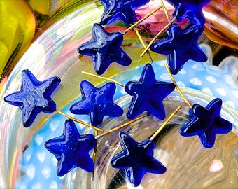 SUPPLY: 12pcs - Deep Blue Glass Star Charms with Brass Wire - Glass Charms