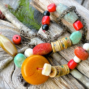 VINTAGE: Old Morocco Beads and Silver Chain - Stone, Bone, Glass Coral, Amber