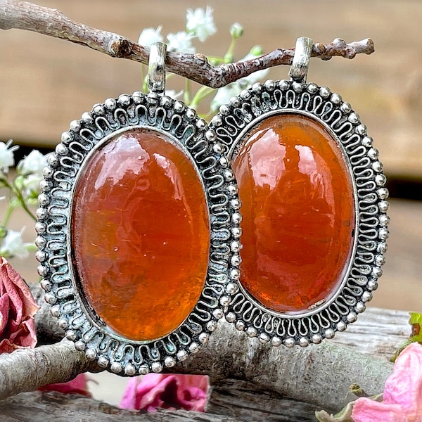 VINTAGE: 2pcs - Aluminum Milky Glass Amber Pendant - Rustic Handmade Pendant