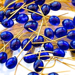 VINTAGE: 50pcs - Miniature Deep Blue Charms with Brass Wire - Glass Charms