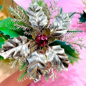 VINTAGE: Mercury Glass Flower Greenery Corsage - Holiday Gold and Green Greenery Pick, Spray, Stem - Christmas - Decorations