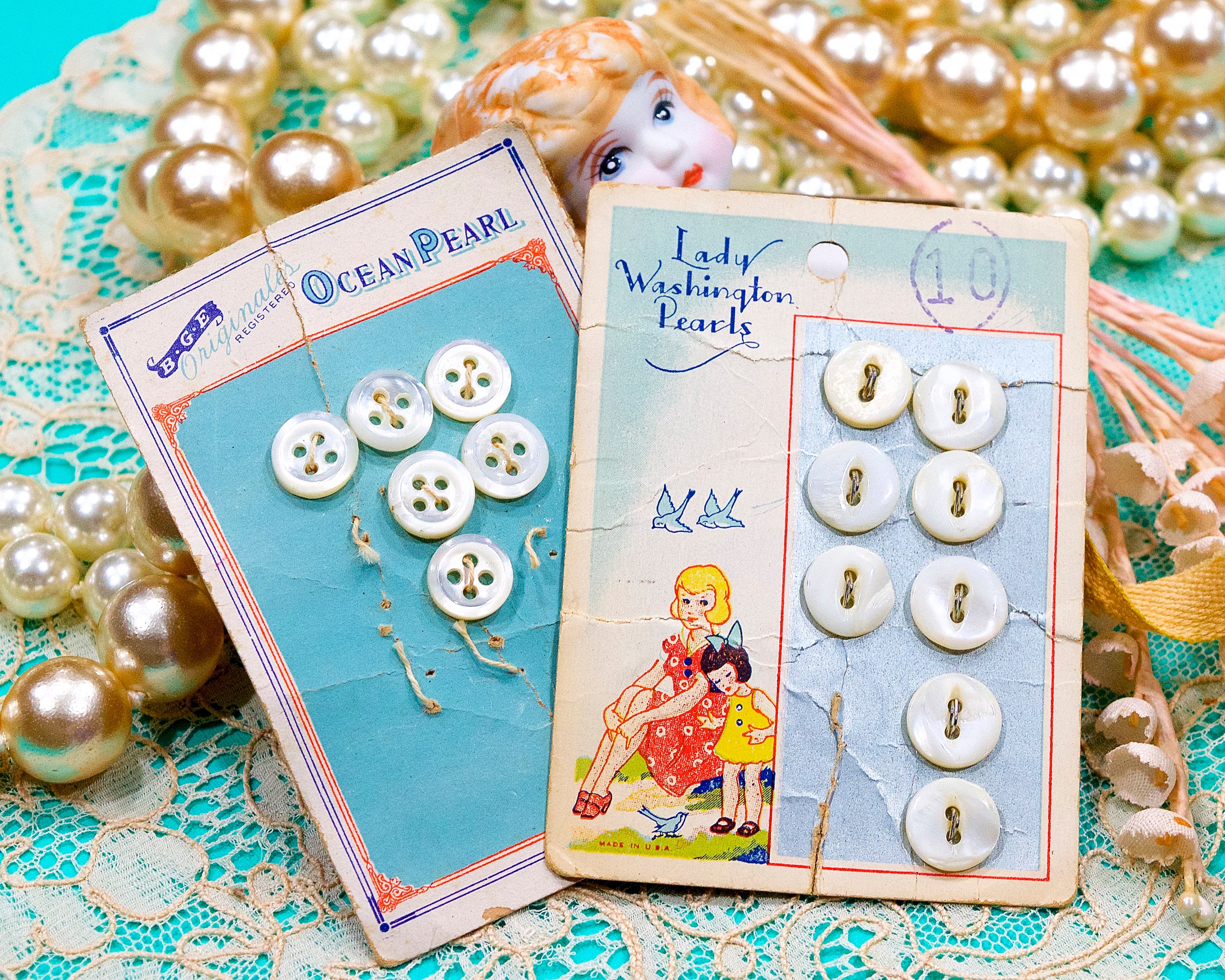 VINTAGE: 2pcs - Cards of Mother of Pearl Miniature Buttons 