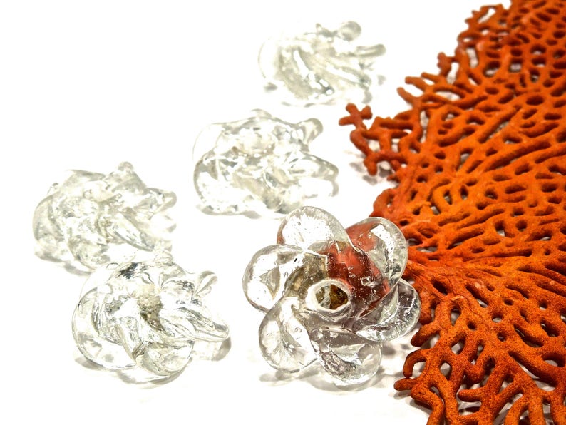 Peut inclure: Quatre perles en verre transparent en forme de fleur avec des p&eacute;tales organiques tourbillonnants et un trou central, dispos&eacute;es pr&egrave;s d'un grand morceau de corail orange textur&eacute; en &eacute;ventail. Les perles pr&eacute;sentent une finition brillante et translucide.