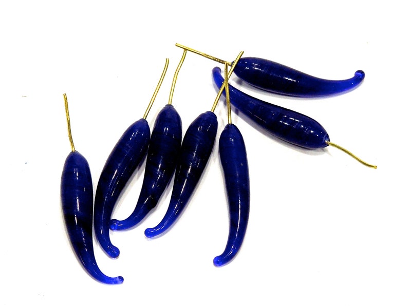 Lamp Work Glass Beads SUPPLY: 14 Blue Glass Drop Charms with Brass Wire Jewelry Making SKU 6-A4-00028915